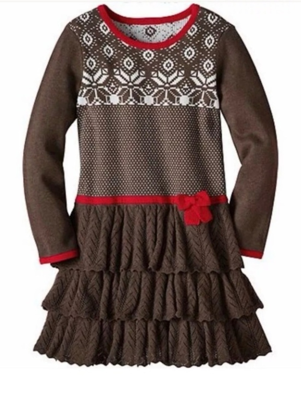 Hanna Andersson Holiday Fair Isle Sweater Dress Brown Tiered Cotton Sz 110 US 5